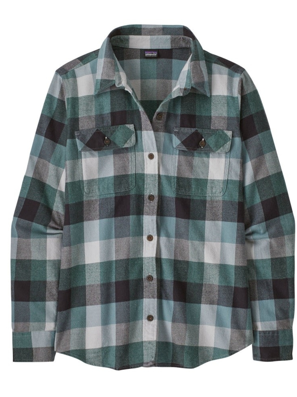 Patagonia Men's Plaid Button-Down Shirt in Teal, Black, Gray, and White